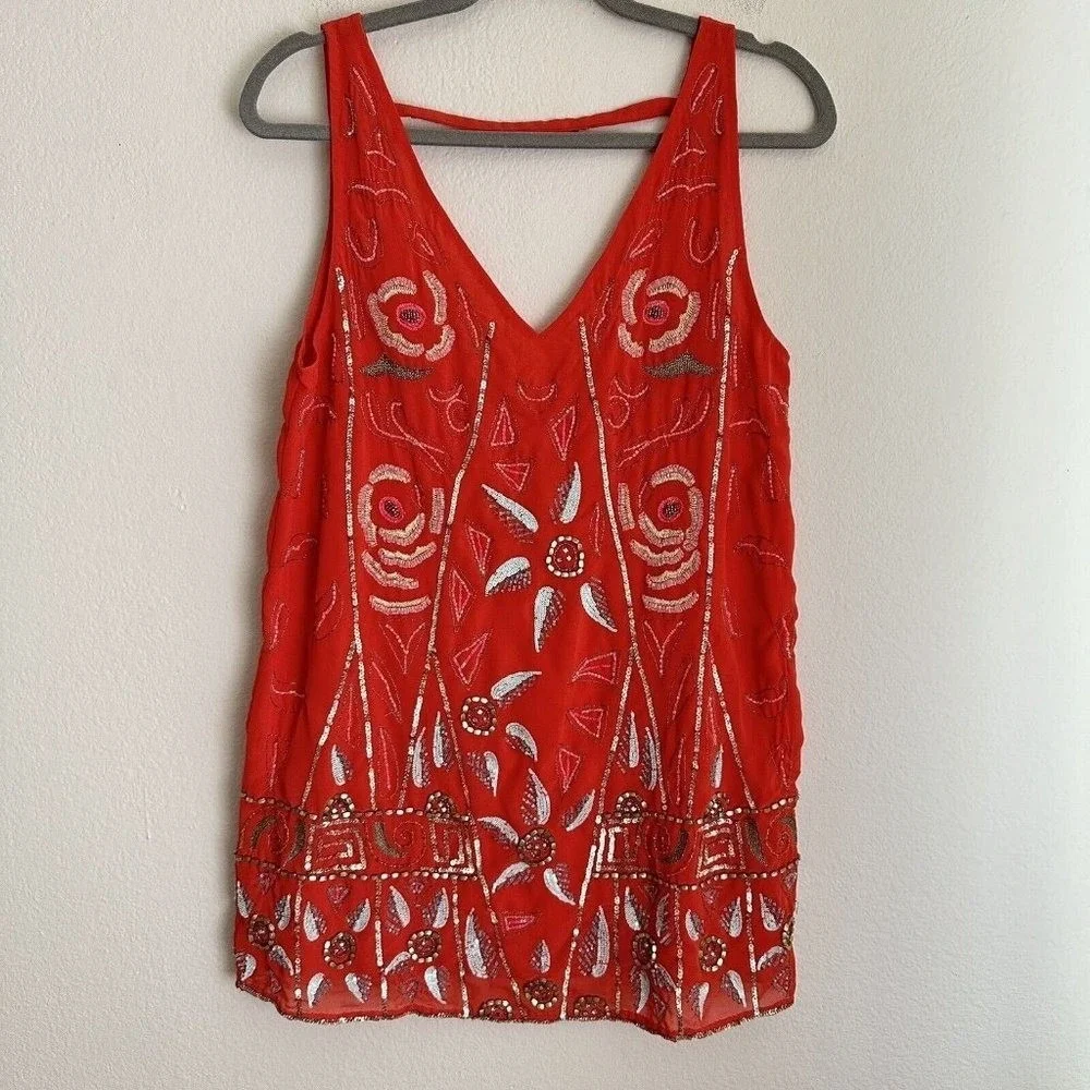 Free People Mini Dress Women XS Red Beaded Sequin‎ Boho Shift OB334008